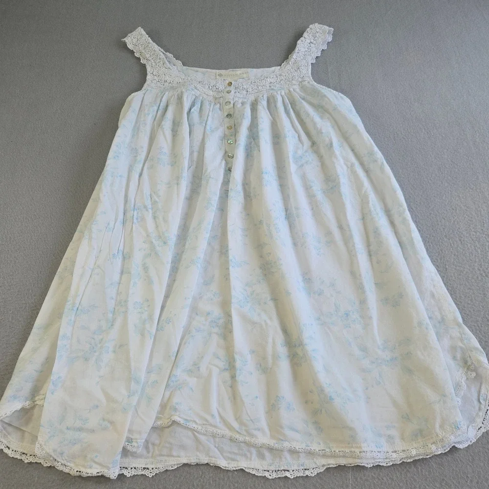 Eileen West Nightgown Womens Large White Blue Floral Cotton Lace Trim Sleeveless